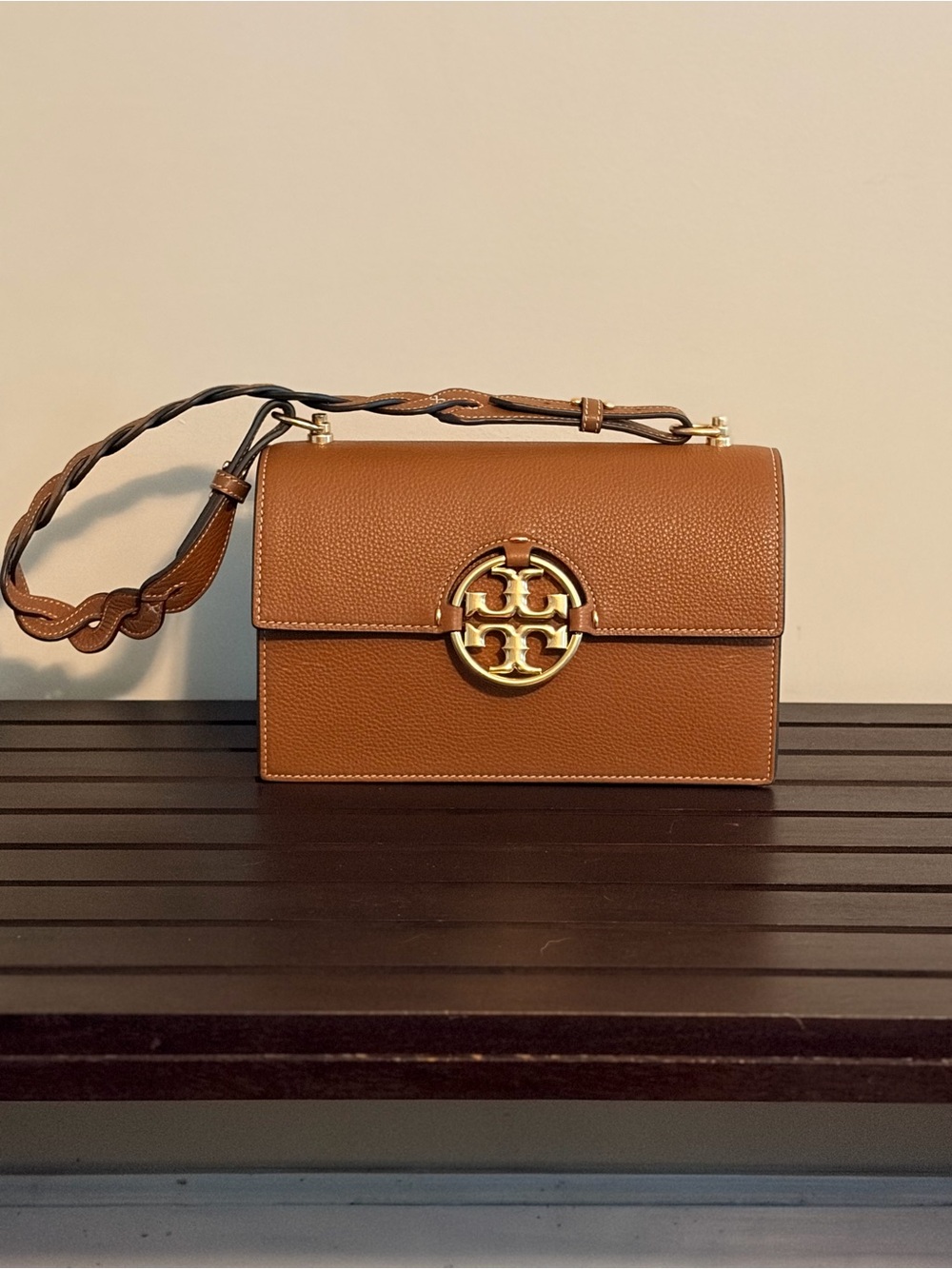 Tory Burch Tan Leather Shoulder Bag with Gold Logo Medallion